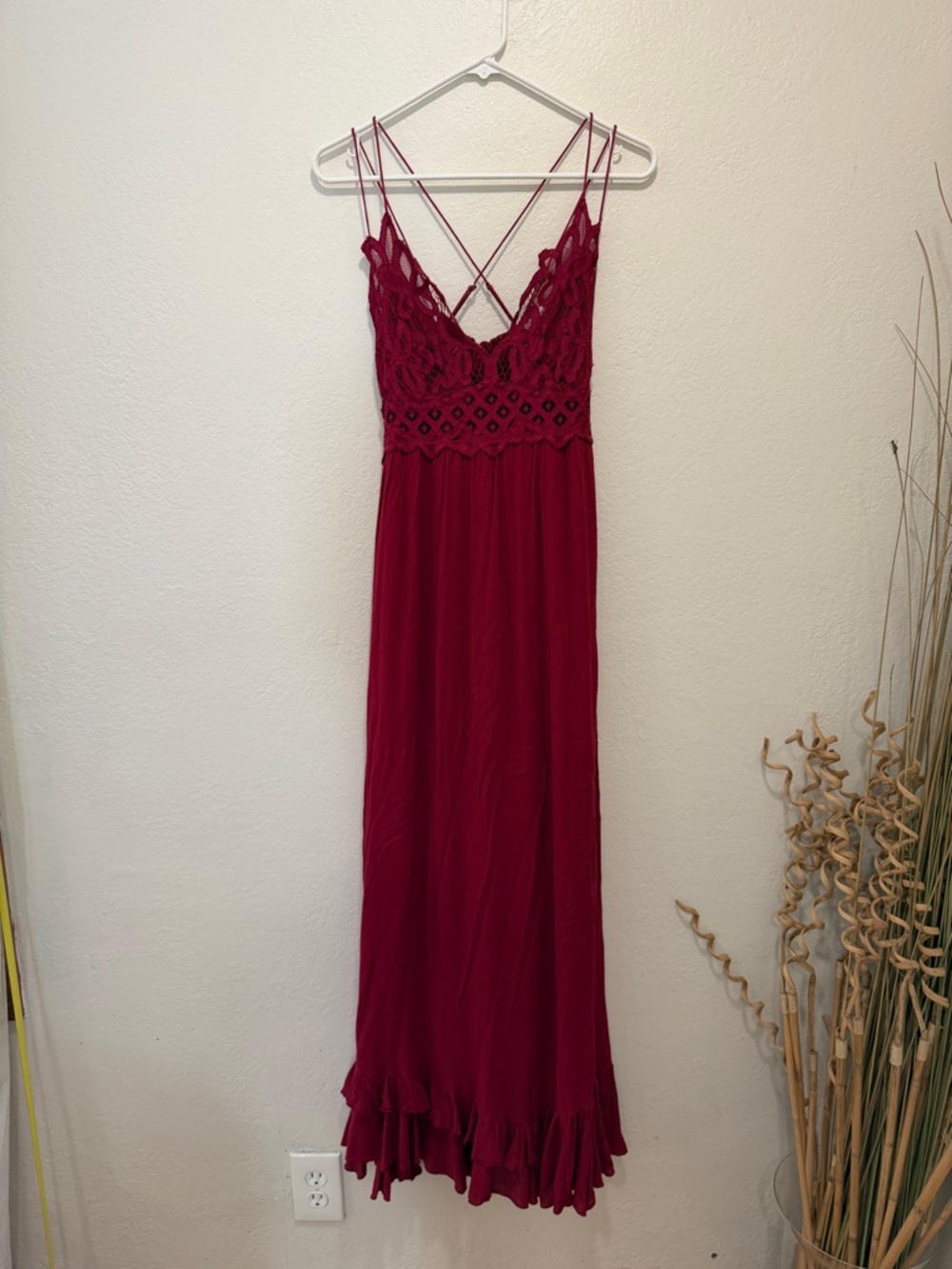 Free People Burgundy Crochet Bodice Strappy Maxi Dress